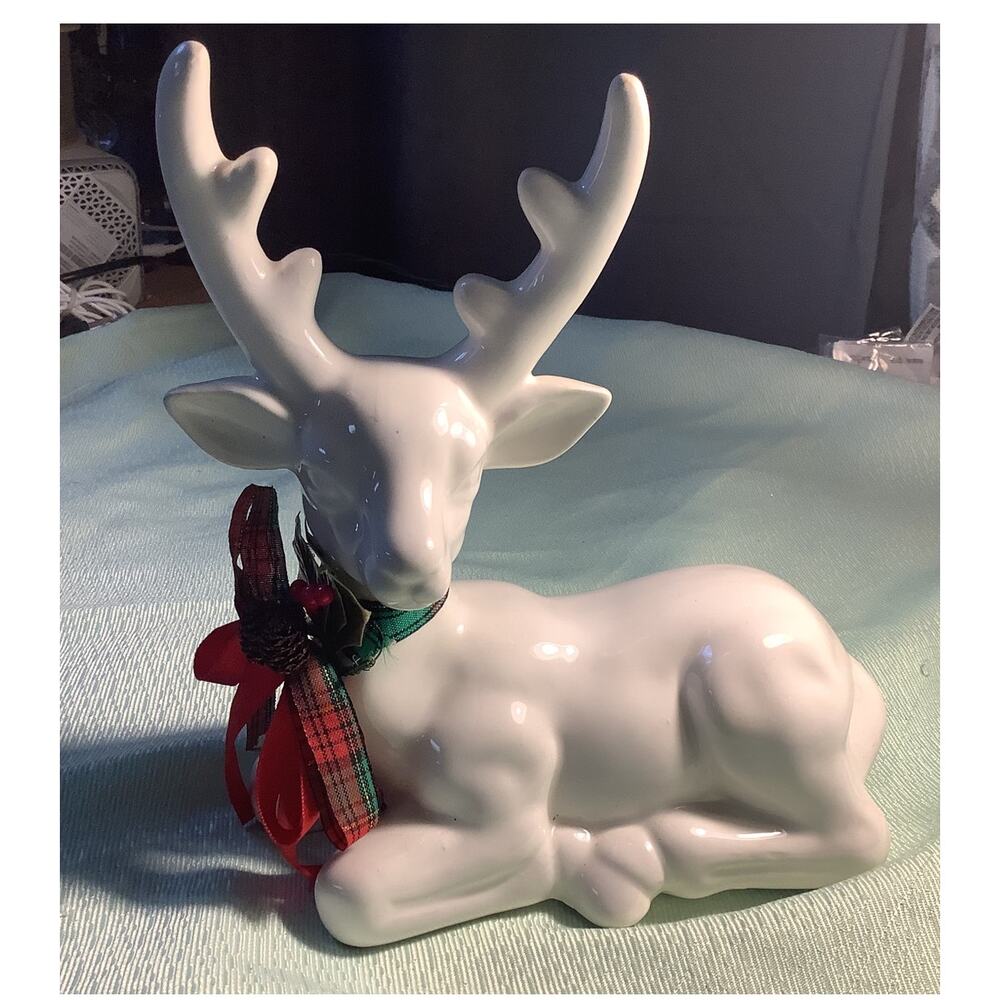 Vintage 1980 White Glazed Ceramic Deer Figurine